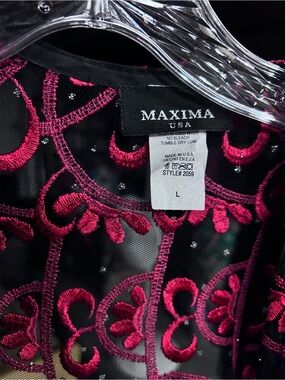 Maxima Black Mesh cover up with Hot Pink Embroidery
